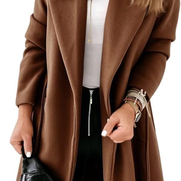 Women's Classic Coat Lapel Collar Open Front Belted Long Jacket