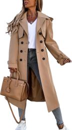 Women's Double Breasted Long Trench Coat Windproof Classic Lapel Belted Overcoat with Pockets