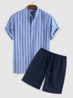 Men's Half Buttoned Casual Vertical Striped Office Pullover Shirt And Basic Casual Shorts Set - Blue