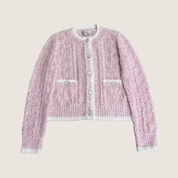 CHANEL 24S Contrast-Color Tweed Open-Knit Cardigan