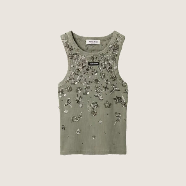 MIUMIU Garment-dyed embroidered ribbed knit jersey top