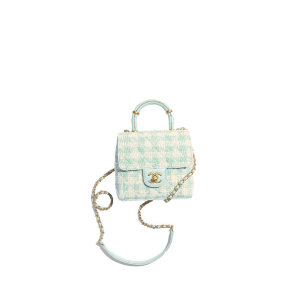 CHANEL 23S Mini Square Flap with Top Handle Turquoise and Ecru Tweed Antique Gold Hardware