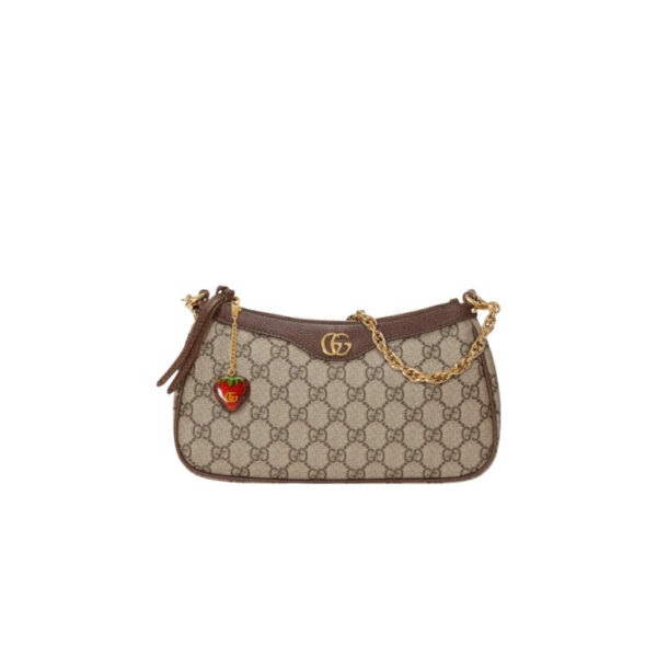 GUCCI Ophidia Strawberry Logo Pendant Chain Canvas with Leather Trim Underarm Bag