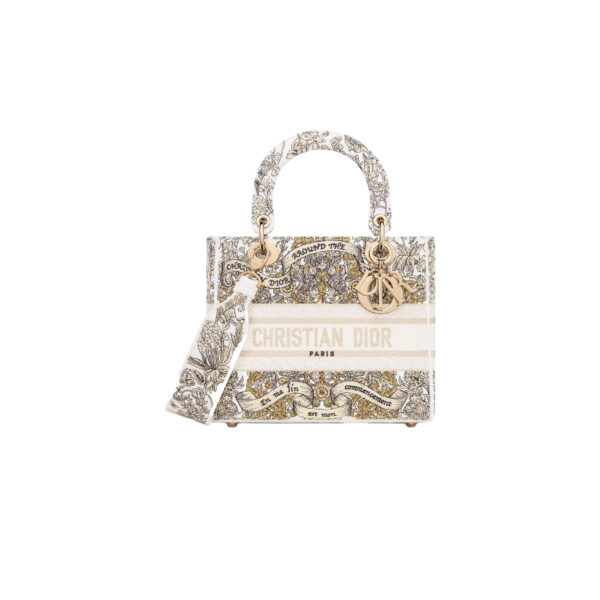 DIOR Medium Lady D-Lite Bag Latte Embroidery with Gold-Tone Dior Around the World Motif